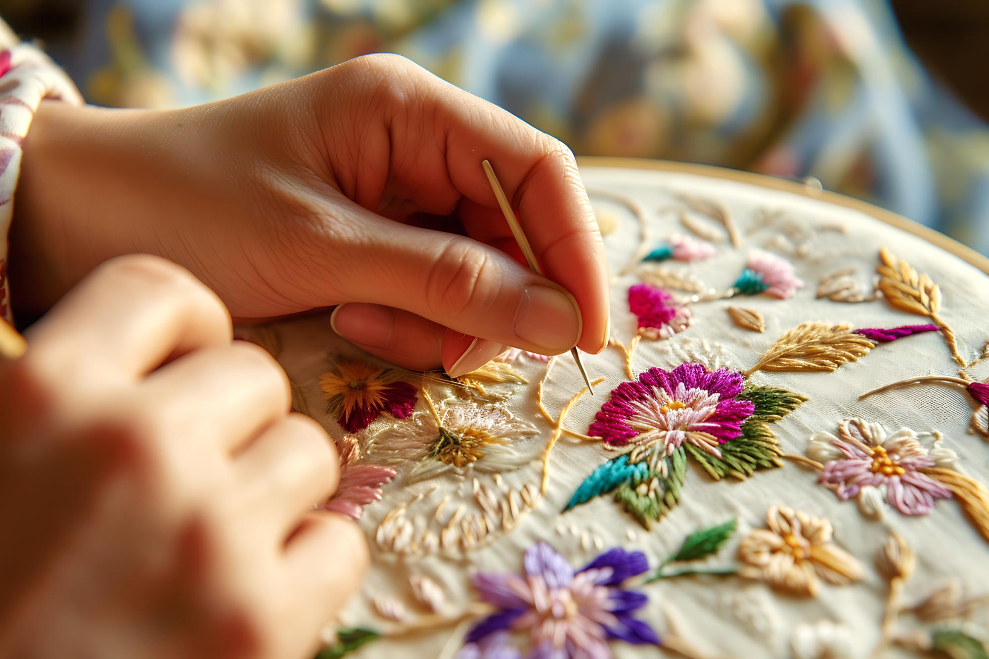 Artist stitching floral pattern